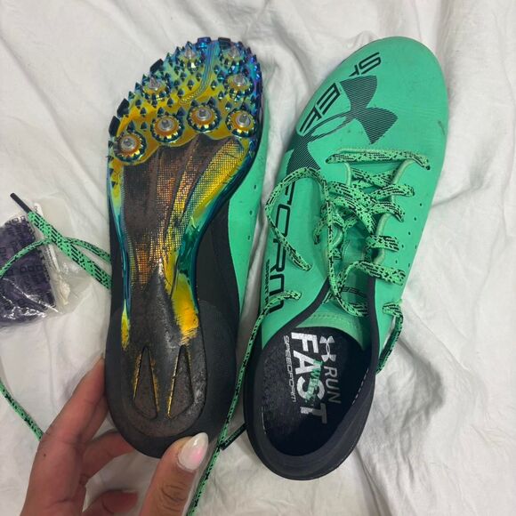 UNDER ARMOUR Green Black Chrome Spikes Running Track Women's Trainer Shoes Sz 8 - Picture 1 of 2